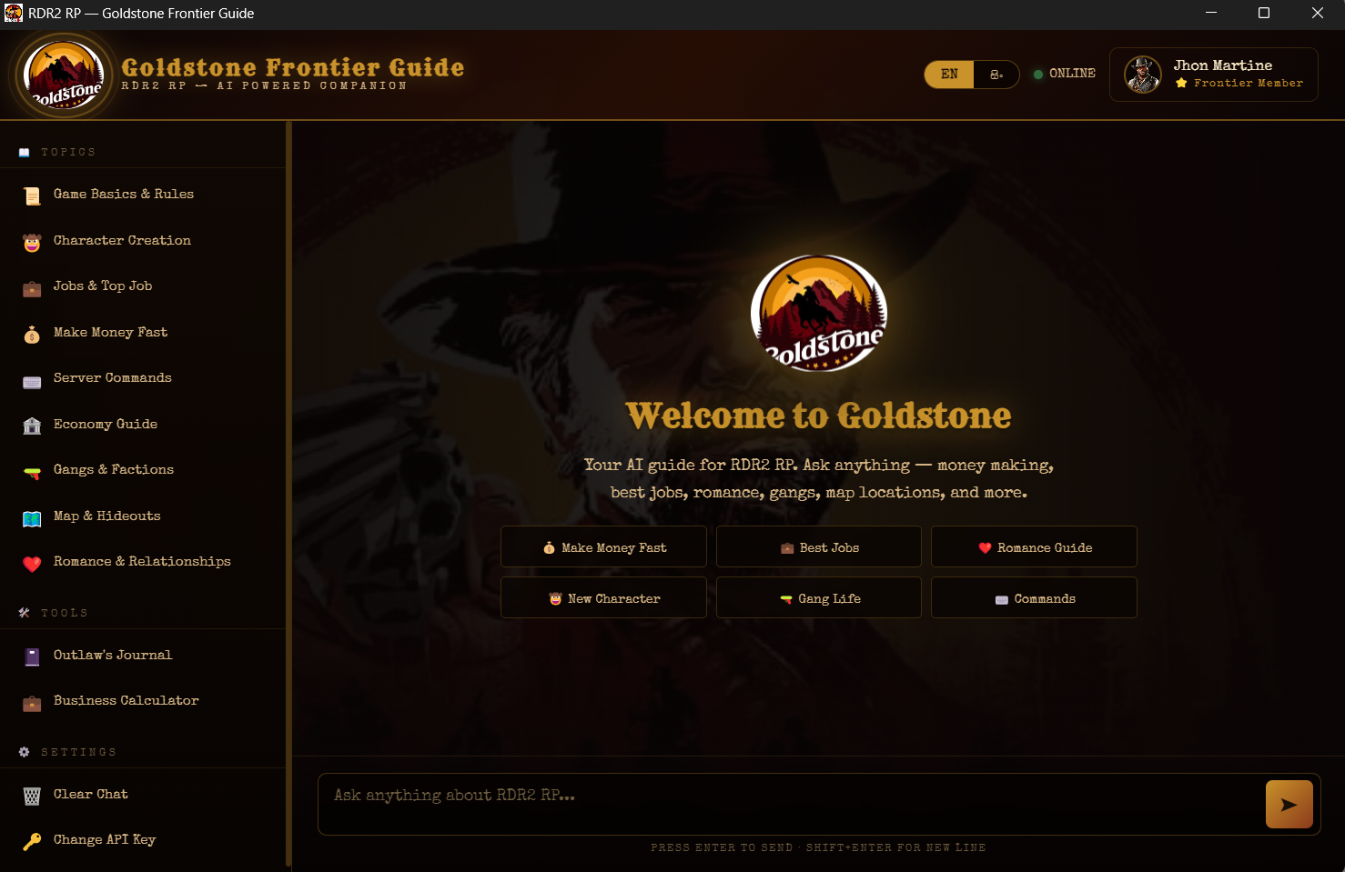 Goldstone Frontier Guide dashboard with dark UI and AI chat assistant