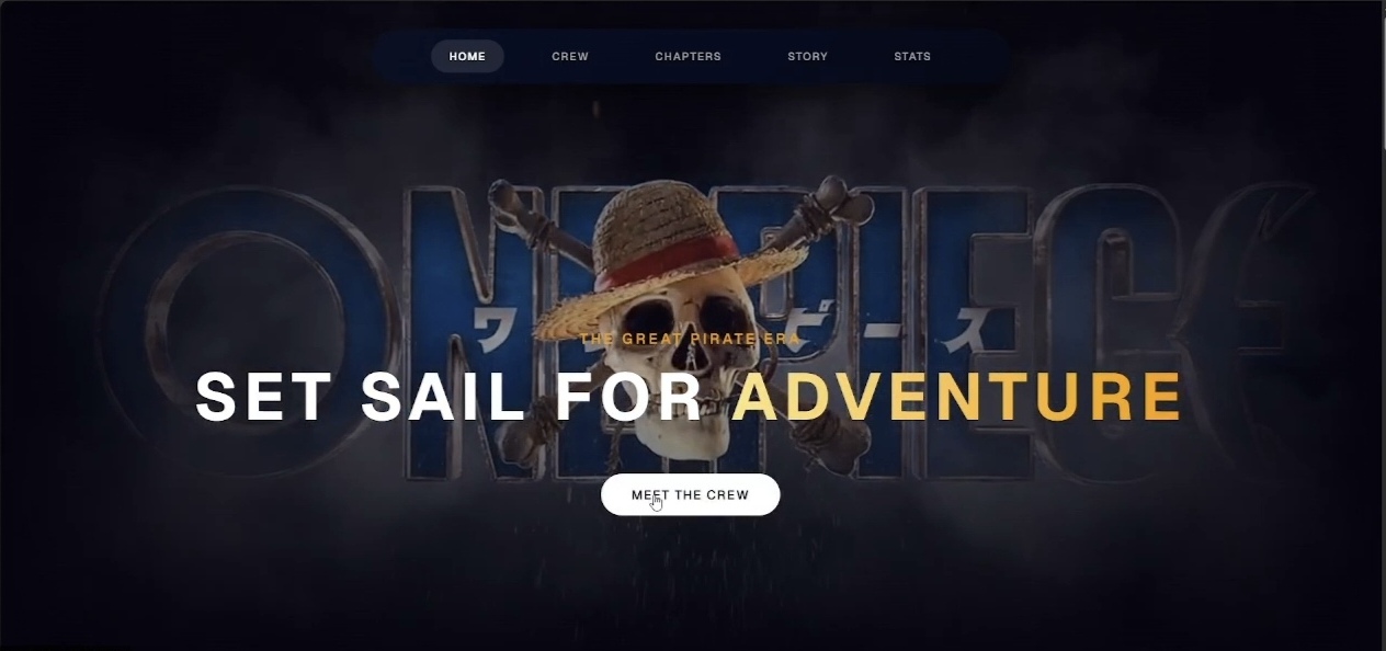 Dark themed One Piece 3D landing page saying Set Sail For Adventure